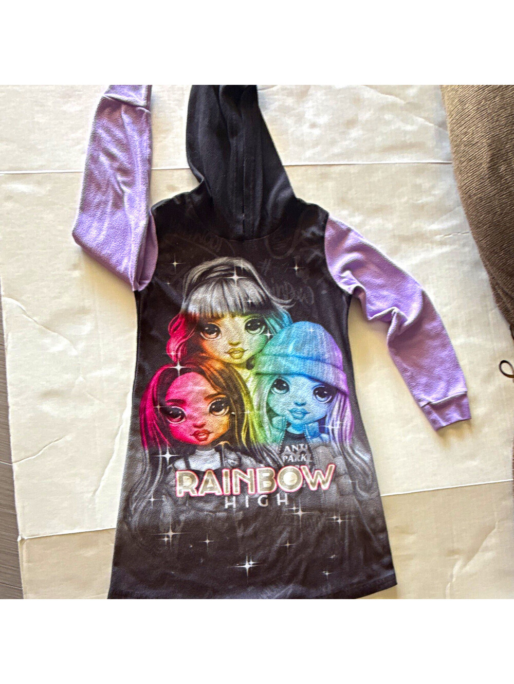 Rainbow High Girls Pullover Hooded Hoodie Dress Tunic Black Purple Graphic 10/12